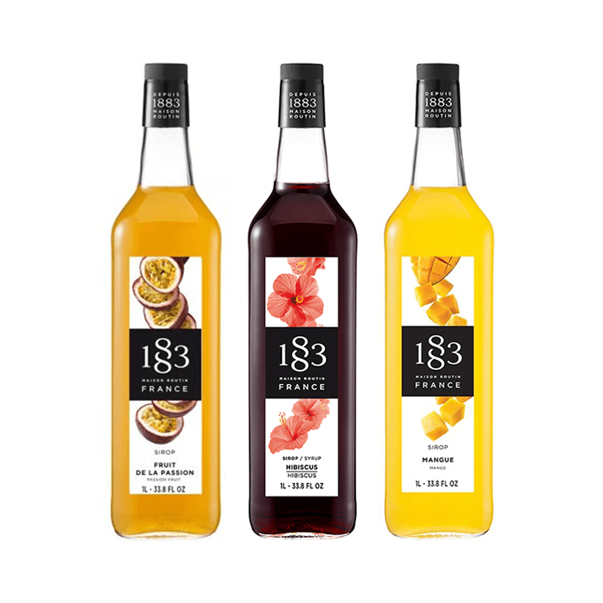 ISLAND VIBES Trio Pack - 3 x 1L Bottles (PET Plastic) Mango, Hibiscus, Passion by 1883 Maison Routin | 1883 - Trio Pack | Good as Gold Coffee