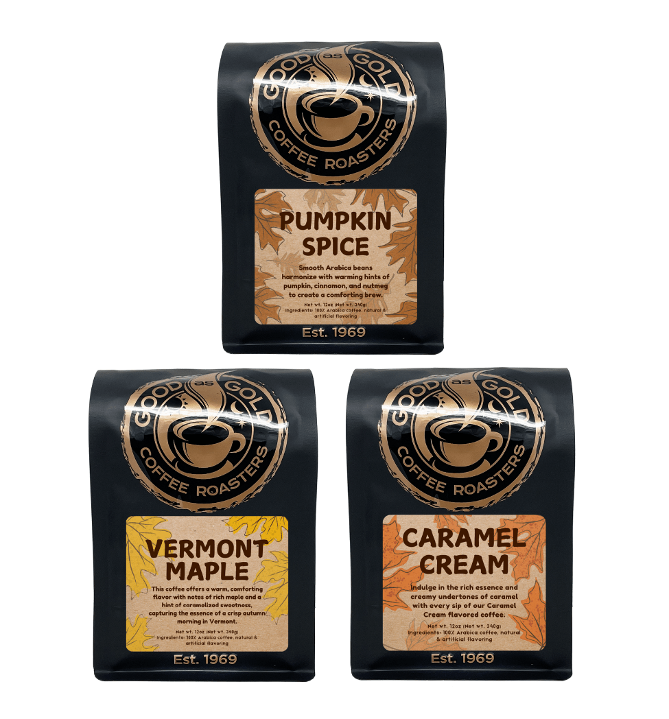 Golden Fall Favorites | Vermont Maple, Pumpkin Spice, Caramel Cream by Good as Gold | Flavored - Coffee Beans | Good as Gold Coffee