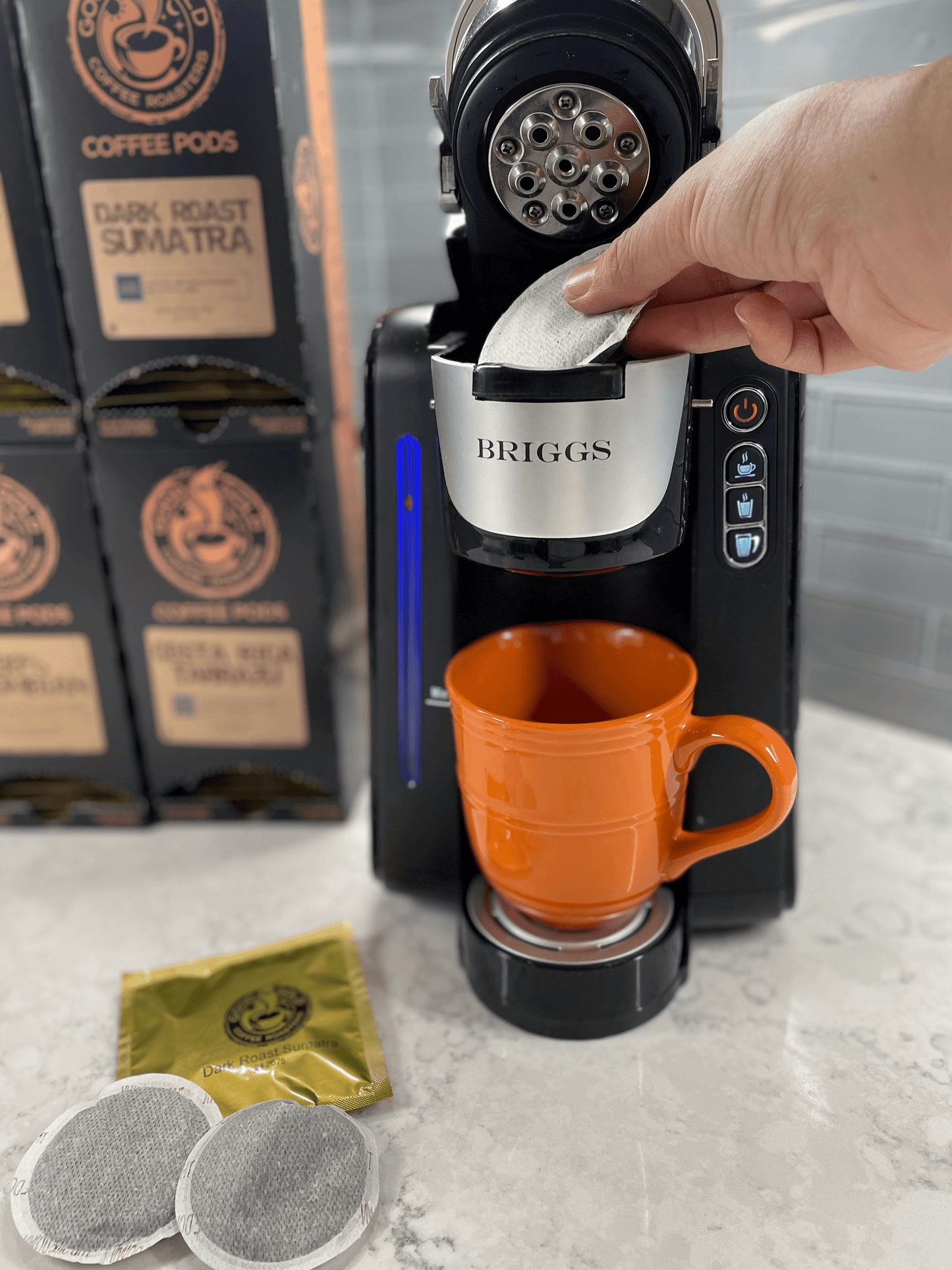Briggs Soft Pod Coffee Machine + 3 Free Pod Boxes by Briggs | Single Serve - Coffee Pod | Good as Gold Coffee