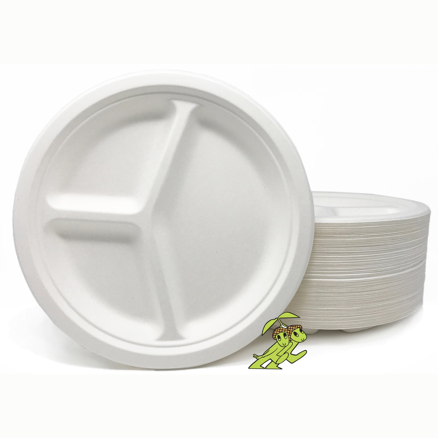 Compostable 10" 3 - Compartment Plates (White) - made from sugarcane by Mr. Green Guys | Compostable Plates | Good as Gold Coffee