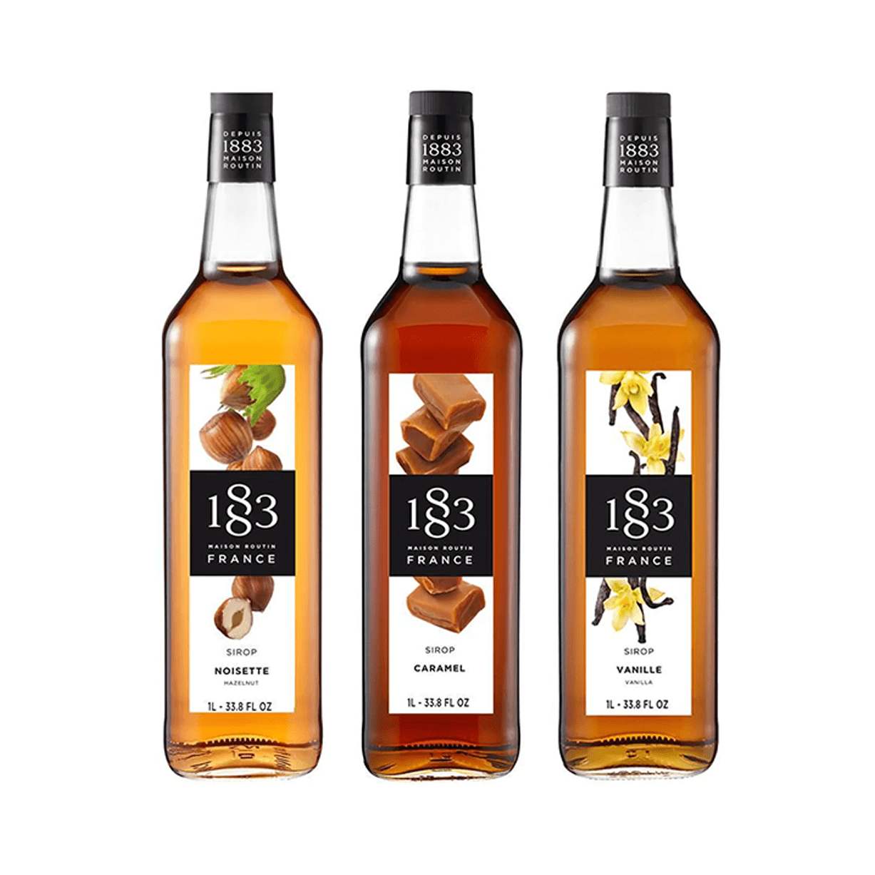 THE CLASSICS Trio Pack – 3 x 1L Bottles (PET Plastic) Vanilla, Caramel, Hazelnut by 1883 Maison Routin | 1883 - Trio Pack | Good as Gold Coffee
