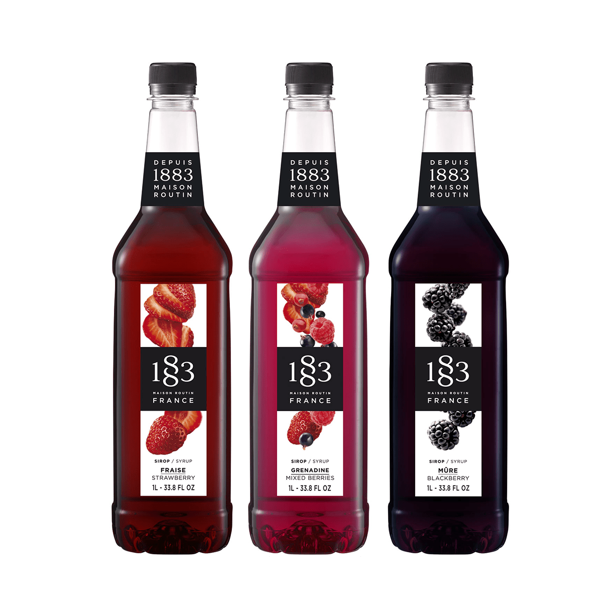 BERRY BLISS Trio Pack - 3 x 1L Bottles (PET Plastic) Strawberry, Mixed Berries, Blackberry by 1883 Maison Routin | 1883 - Trio Pack | Good as Gold Coffee