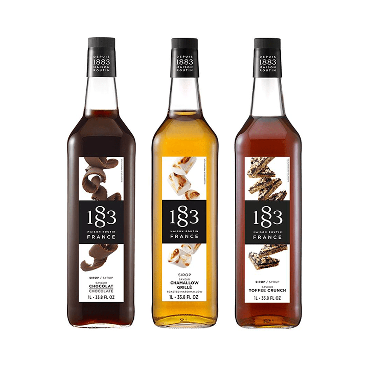 SWEET INDULGENCE Trio Pack - 3 x 1L Bottles (PET Plastic) Toasted Marshmallow, Toffee Crunch, Chocolate by 1883 Maison Routin | 1883 - Trio Pack | Good as Gold Coffee
