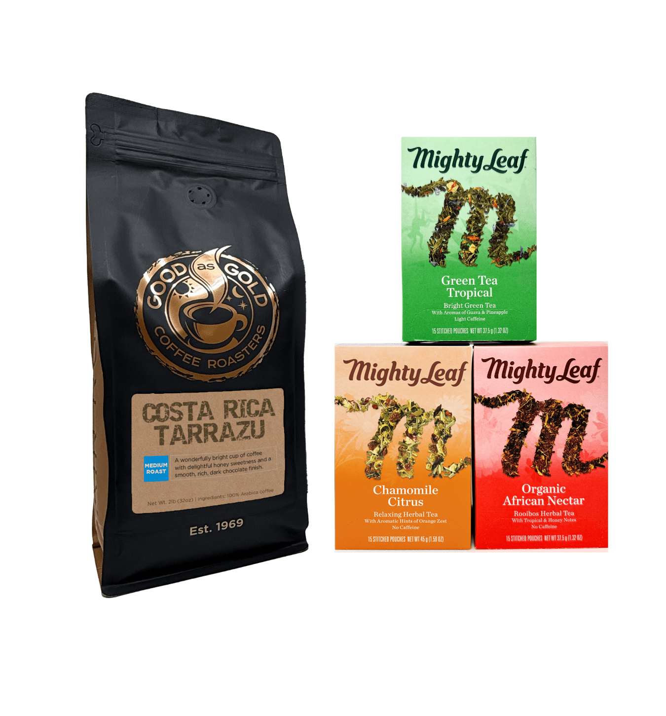 Coffee & Tea Favorites | Good as Gold Coffee + Mighty Leaf Tea Bags (African Nectar, Green Tea Tropical, Chamomile Citrus) by Good as Gold Coffee | Bundle | Good as Gold Coffee