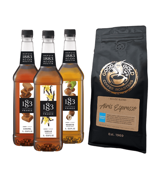 Cafe Classics at Home: Airis Espresso & 1883 Syrups (Caramel, Vanilla, Hazelnut) by Good as Gold Coffee | Bundle | Good as Gold Coffee
